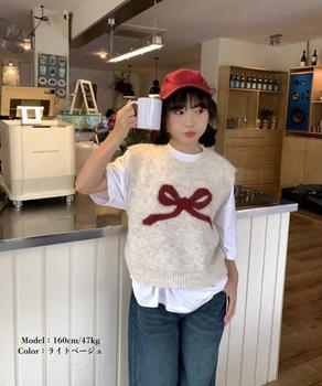 ニットベスト レディース ニットジレ ニットトップス ノースリーブ リボン柄 編み 送料無料 即日発送-3