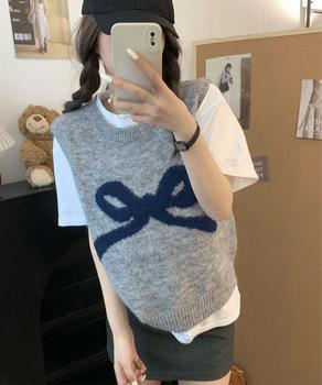 ニットベスト レディース ニットジレ ニットトップス ノースリーブ リボン柄 編み 送料無料 即日発送-4