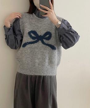 ニットベスト レディース ニットジレ ニットトップス ノースリーブ リボン柄 編み 送料無料 即日発送-5