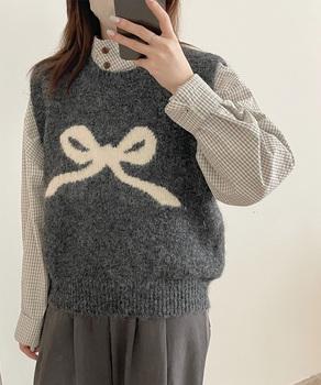 ニットベスト レディース ニットジレ ニットトップス ノースリーブ リボン柄 編み 送料無料 即日発送-7