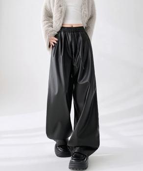 フェイクレザーワイドパンツ ハイウエスト 送料無料 即日発送-2