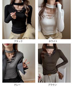チョーカー風カットソーレース付きTシャツ 送料無料 即日発送-1