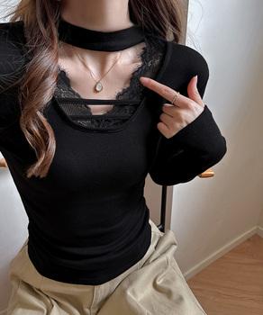 チョーカー風カットソーレース付きTシャツ 送料無料 即日発送-3