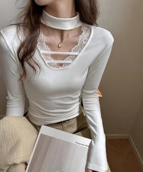 チョーカー風カットソーレース付きTシャツ 送料無料 即日発送-4