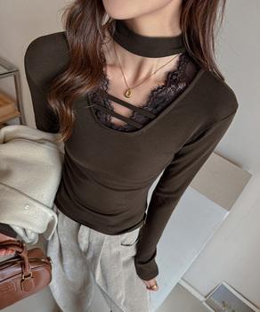 チョーカー風カットソーレース付きTシャツ 送料無料 即日発送-7