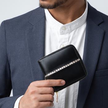 二つ折り財布 BEAMZSQUARE 蛇革ライン×馬革ラウンドファスナー短財布 BZSQ 319 黒金開運金運財布 送料無料-6