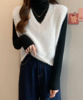 シャギーニットベストショート丈ニットジレ 送料無料 即日発送-3