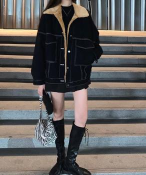 裏ファーデニムジャケットステッチブルゾン　ブラック 送料無料 即日発送-4