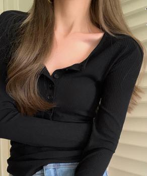 ハーフボタンカットソー長袖タイトTシャツ レディースヘンリーネックプルオーバー シンプル細見えTシャツ 送料無料 即日発送-2