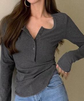 ハーフボタンカットソー長袖タイトTシャツ レディースヘンリーネックプルオーバー シンプル細見えTシャツ 送料無料 即日発送-6