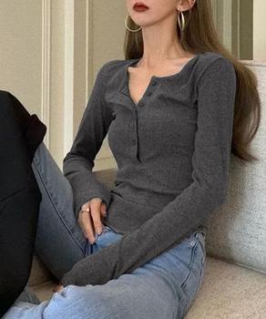 ハーフボタンカットソー長袖タイトTシャツ レディースヘンリーネックプルオーバー シンプル細見えTシャツ 送料無料 即日発送-7