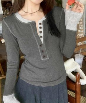 配色ヘンリーシャツハーフボタンカットソー 送料無料 即日発送-4