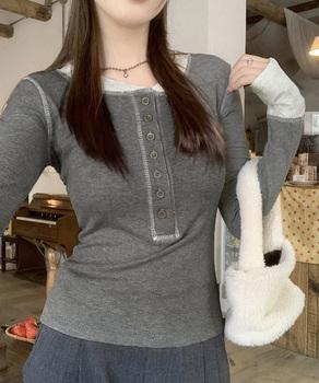 配色ヘンリーシャツハーフボタンカットソー 送料無料 即日発送-5