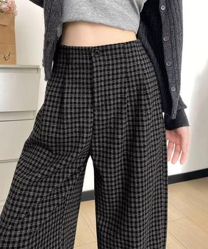 チェック柄ワイドパンツハイウエスト 秋冬 送料無料 即日発送-4