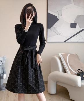 リボン柄フレアワンピース ウエストマーク 送料無料 即日発送-4