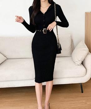 リブニットタイトワンピースウエストベルト 送料無料 即日発送-2