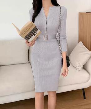 リブニットタイトワンピースウエストベルト 送料無料 即日発送-4