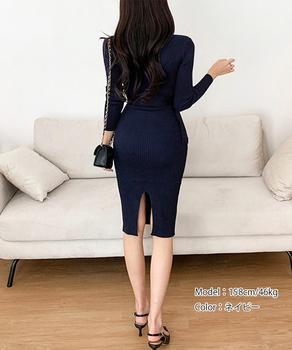 リブニットタイトワンピースウエストベルト 送料無料 即日発送-7