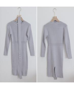 リブニットタイトワンピースウエストベルト 送料無料 即日発送-8