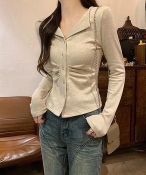 オープンカラーフロントギャザートップス 送料無料 即日発送-3