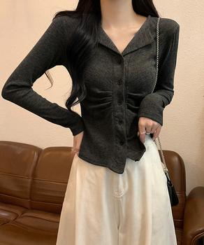 オープンカラーフロントギャザートップス 送料無料 即日発送-6