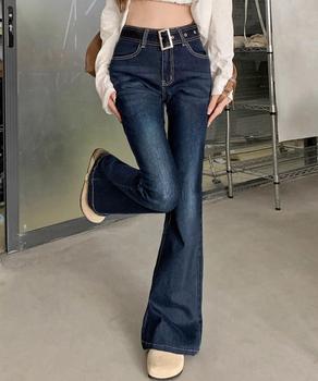 セミフレアデニムパンツ レディース 美脚　ベルト付き デニムスキニー フィット感 送料無料 即日発送-1