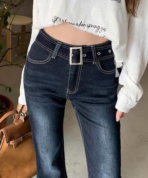 セミフレアデニムパンツ レディース 美脚　ベルト付き デニムスキニー フィット感 送料無料 即日発送-4