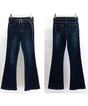 セミフレアデニムパンツ レディース 美脚　ベルト付き デニムスキニー フィット感 送料無料 即日発送-8