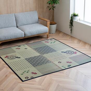 ラグ い草ラグ ラグ カーペット 正方形 和柄 風物詩 金魚柄 夏用 滑り止め 約176×176cm 裏 不織布 送料無料-1