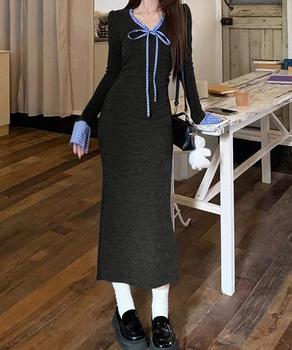 配色リボンニットマーメイドワンピース長袖 送料無料 即日発送-2