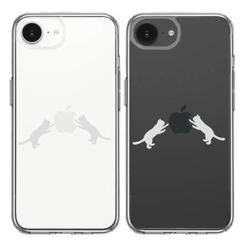 iPhone16e ケース クリア にゃんこ りんご 取り合い 薄いグレー スマホケース 側面ソフト 背面ハード ハイブリッド 送料無料-1