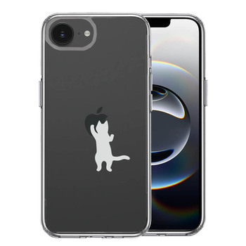 iPhone16e ケース クリア にゃんこ りんご さわさわ 薄いグレー スマホケース 側面ソフト 背面ハード ハイブリッド 送料無料-0