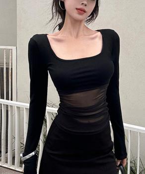 チュール切り替え 長袖Tシャツレディース 送料無料 即日発送-2
