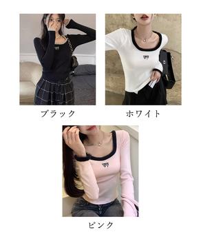 Tシャツ クールネック 刺しゅう 秋冬 送料無料 即日発送-1