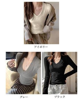 Vネック 長袖Tシャツ カットソー 送料無料 即日発送-1