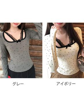 ドット柄トップス レイヤード風カットソー 送料無料 即日発送-1