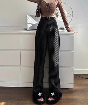 ストライプワイドパンツ春夏秋ロングパンツ 送料無料 即日発送-3