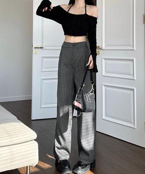 ストライプワイドパンツ春夏秋ロングパンツ 送料無料 即日発送-5