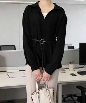 レイヤード風シャツブラウスベルト付き春服 送料無料 即日発送-2