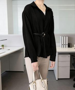 レイヤード風シャツブラウスベルト付き春服 送料無料 即日発送-3