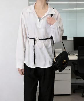 レイヤード風シャツブラウスベルト付き春服 送料無料 即日発送-4