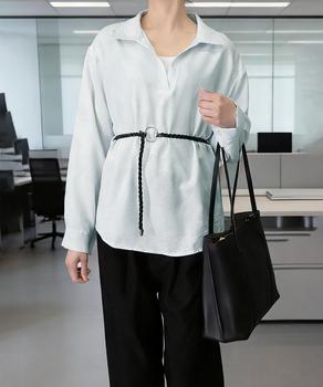 レイヤード風シャツブラウスベルト付き春服 送料無料 即日発送-5