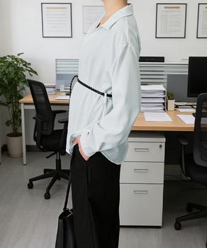 レイヤード風シャツブラウスベルト付き春服 送料無料 即日発送-6