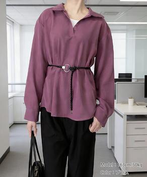 レイヤード風シャツブラウスベルト付き春服 送料無料 即日発送-7