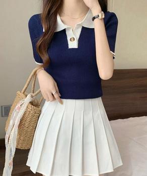 ポロニットトップス半袖ポロシャツVネック 送料無料 即日発送-4