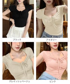 フロントリボンTシャツ ギャザートップス 送料無料 即日発送-1