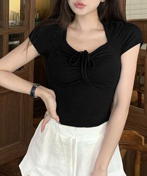 フロントリボンTシャツ ギャザートップス 送料無料 即日発送-2