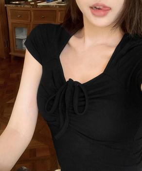 フロントリボンTシャツ ギャザートップス 送料無料 即日発送-3