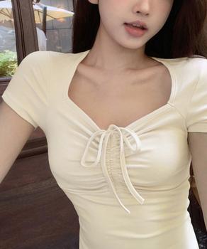 フロントリボンTシャツ ギャザートップス 送料無料 即日発送-4