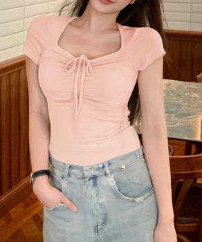 フロントリボンTシャツ ギャザートップス 送料無料 即日発送-7